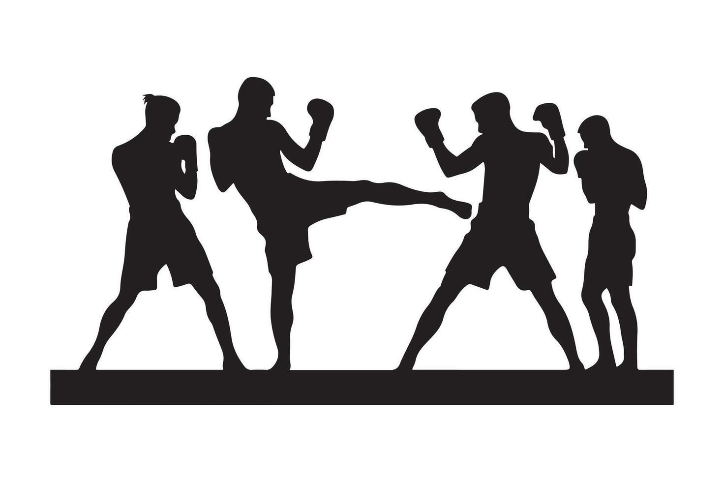 Silhouette of three men kicking boxing gloves vector