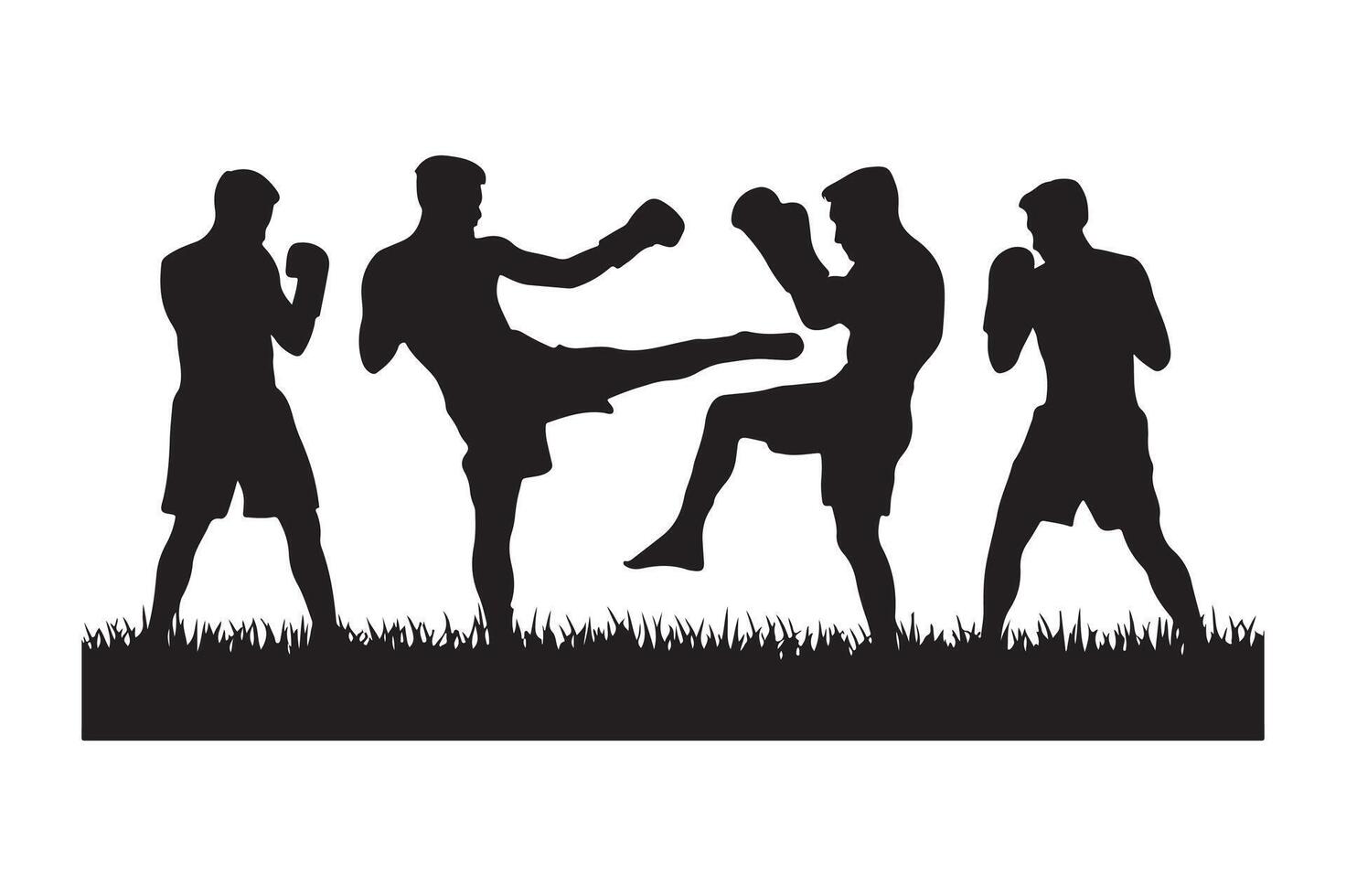 Silhouettes of men kicking boxing on grass vector