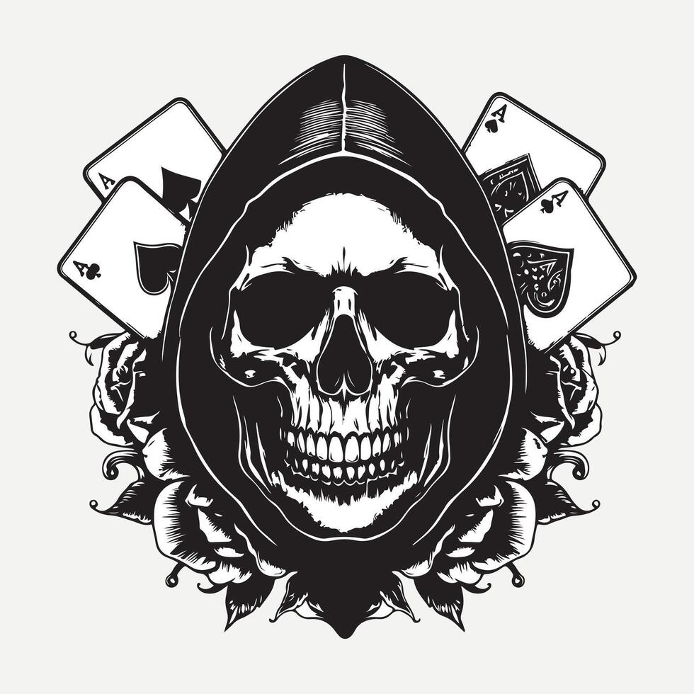 Skull with poker playing cards and roses vector
