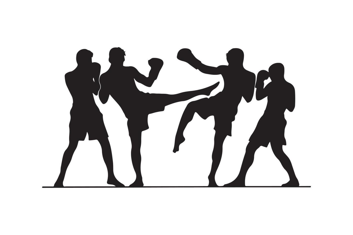 Silhouettes of men kicking boxing on a white background vector