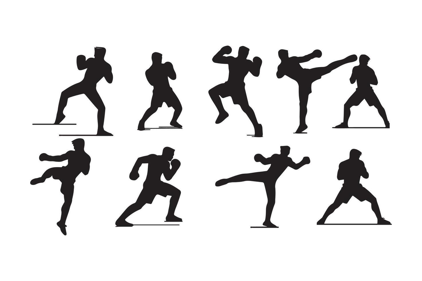 Silhouettes of men in various poses doing various exercises vector