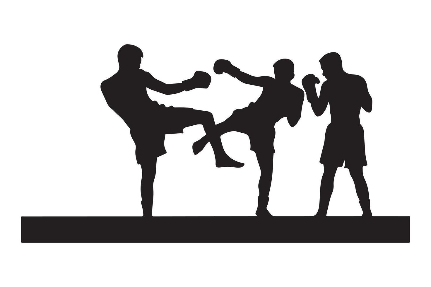 Silhouette of three men kicking boxing vector