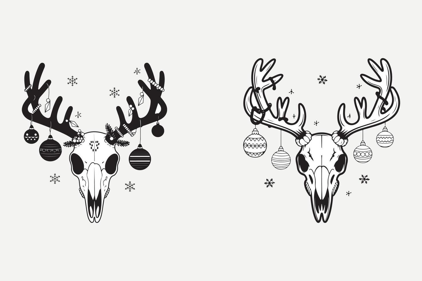 Two deer skulls with christmas decorations on them vector