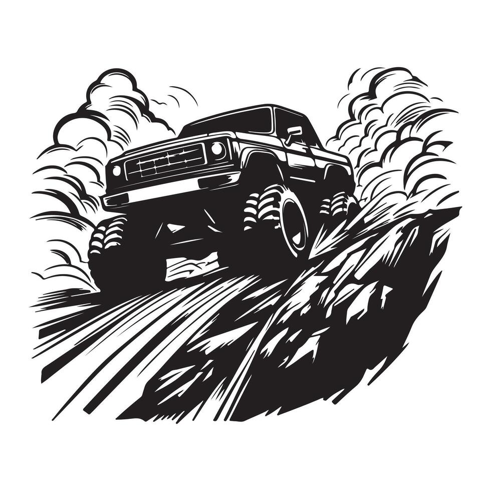 A black and white illustration of a monster truck vector