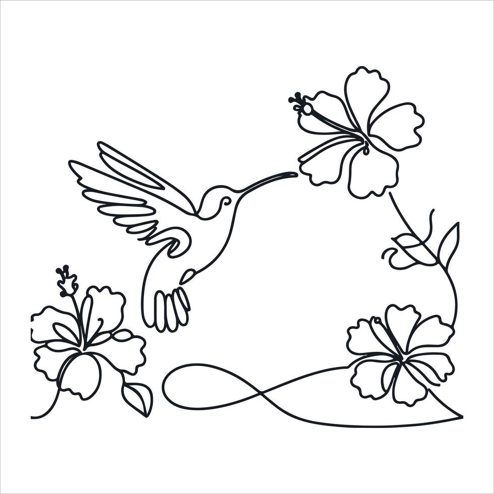 A hummingbird and flowers coloring page vector