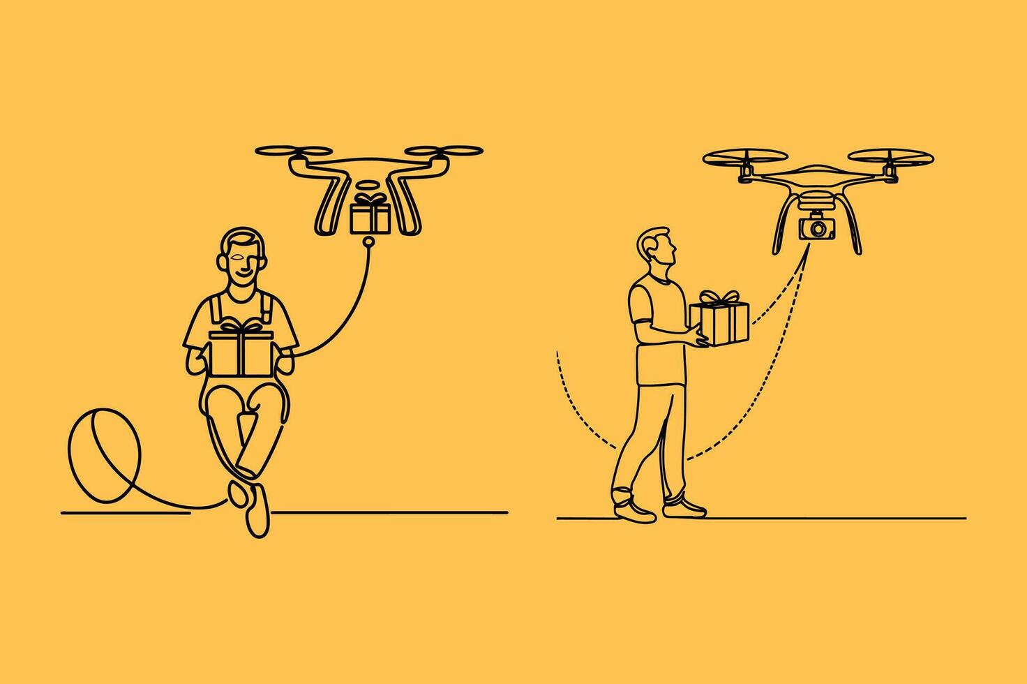 Two illustrations of a man holding a drone and a man holding a box vector