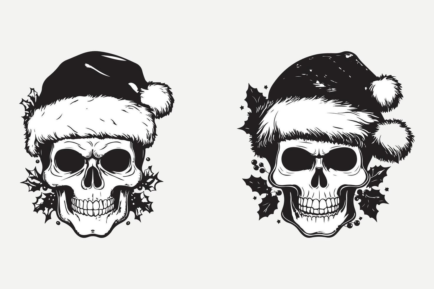 Two skulls wearing santa hats and holly leaves vector