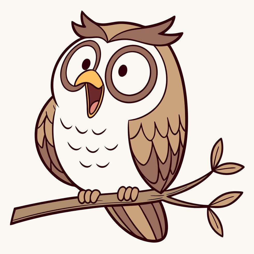 Cartoon owl sitting on branch with open mouth vector