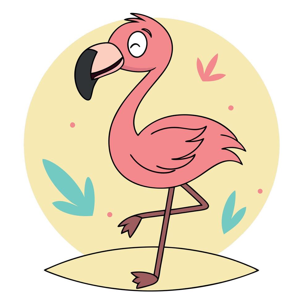 A cartoon flamingo standing on a beach with leaves vector