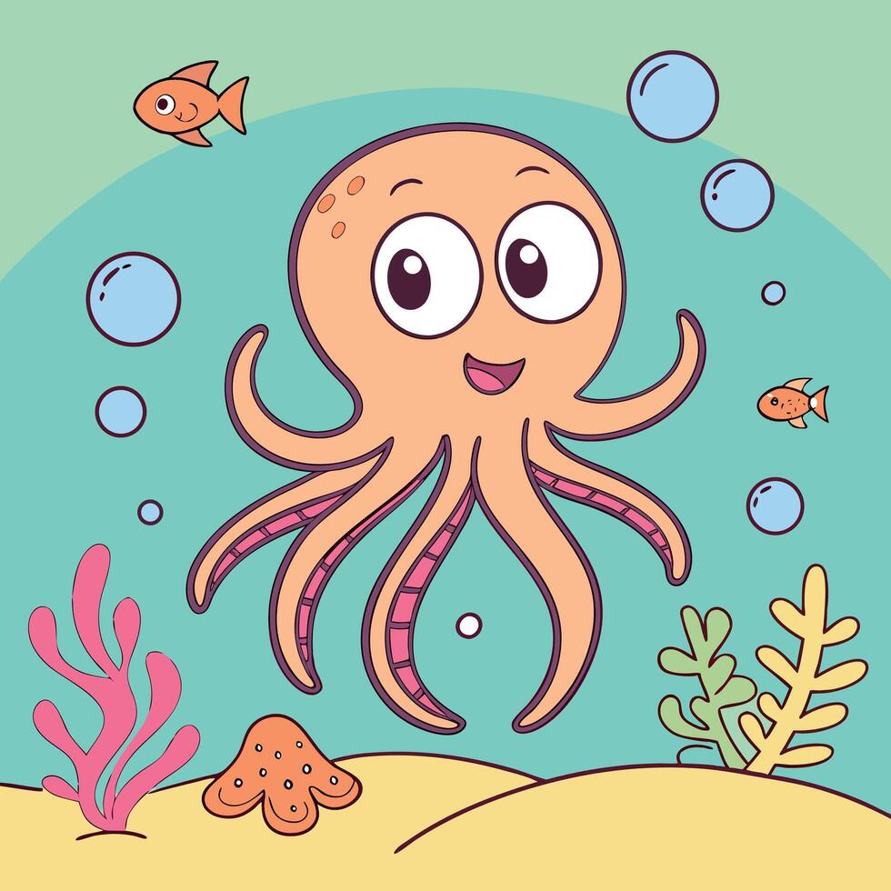 An octopus is swimming in the ocean with fish and other sea creatures vector