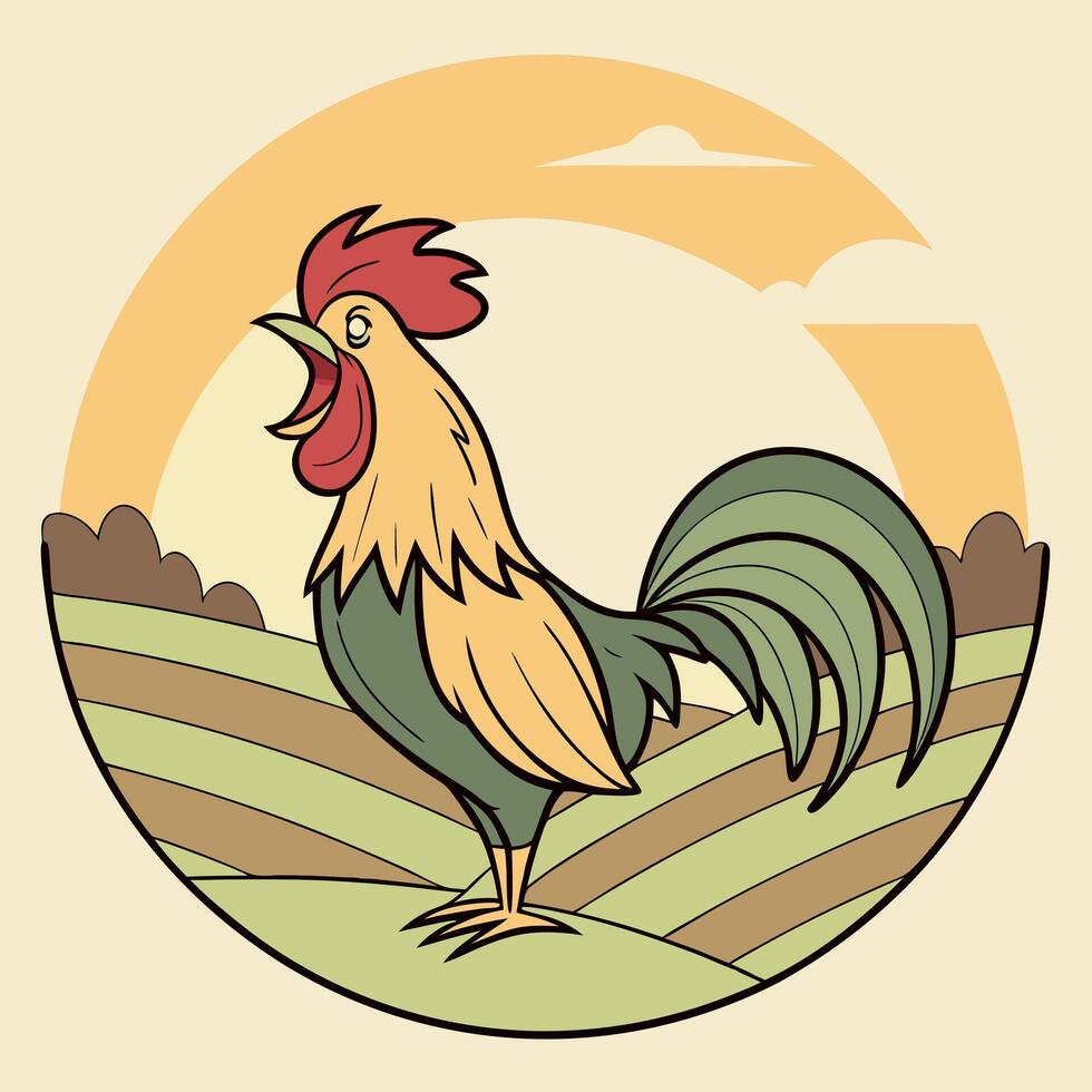 Proud rooster crows loudly upon the colorful farmland amidst an orange sunset backdrop vector