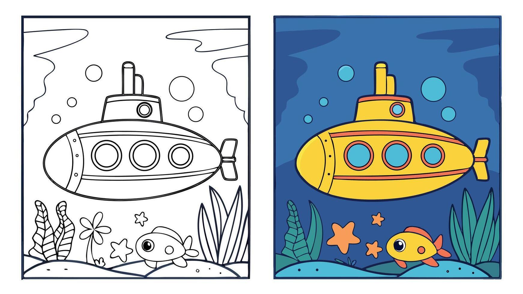 Coloring book with submarine and fish vector