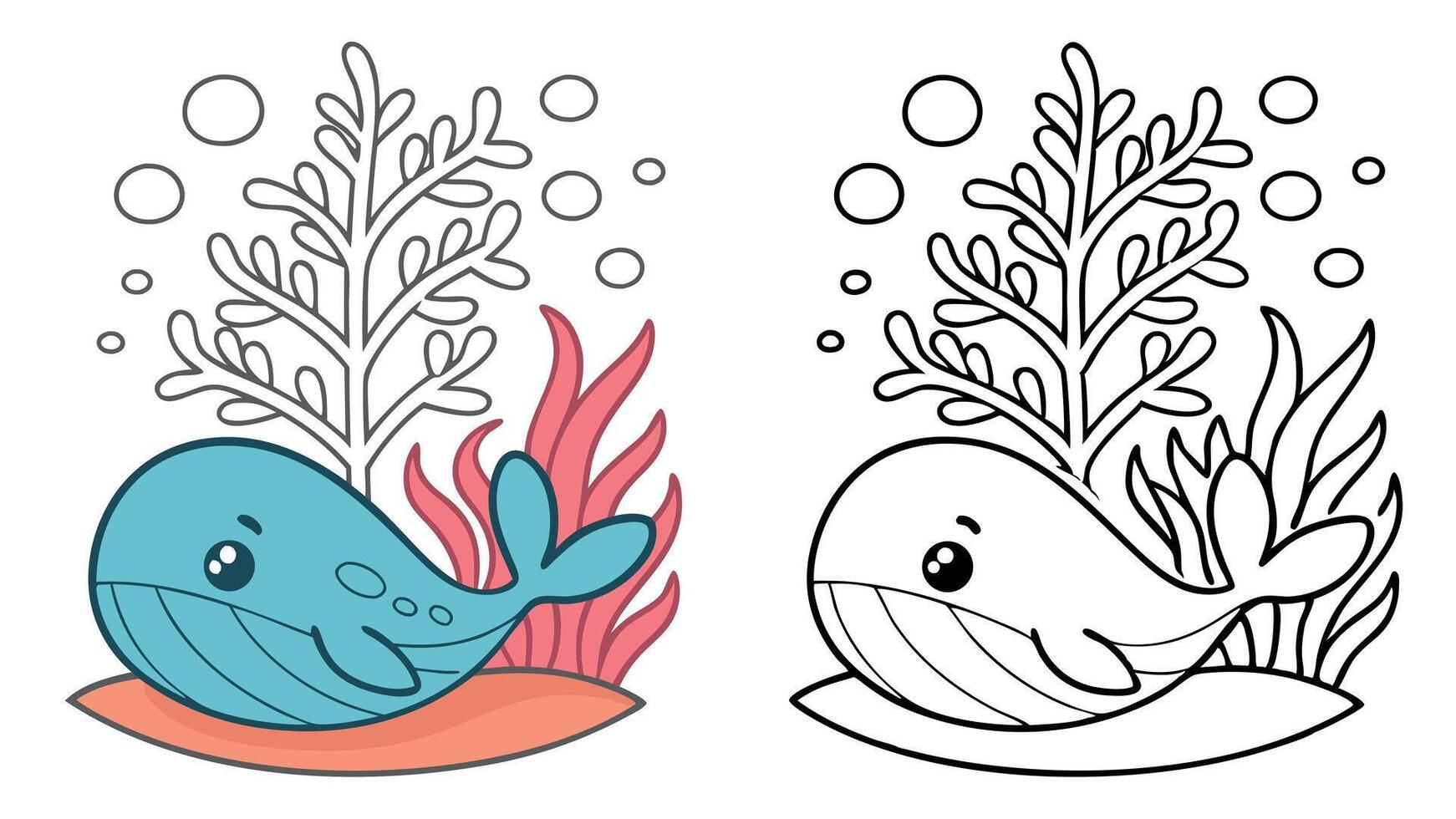 Coloring page for children with whale and coral vector