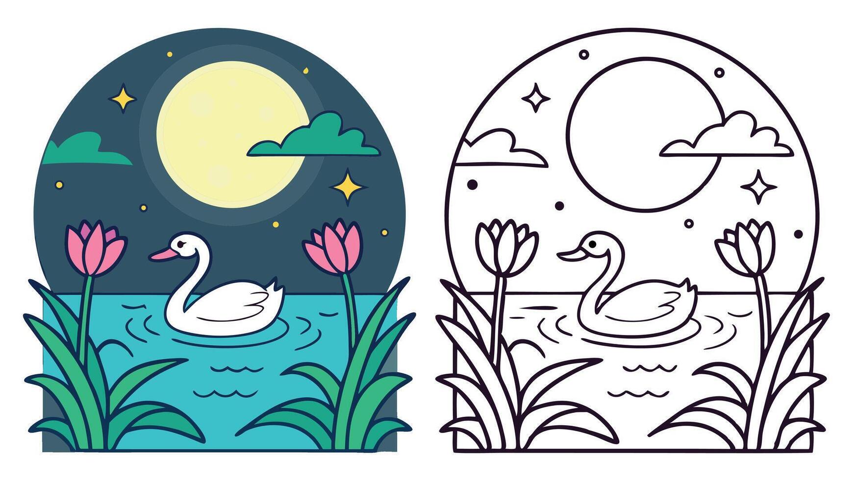 Swans and flowers in the moonlight, illustration vector