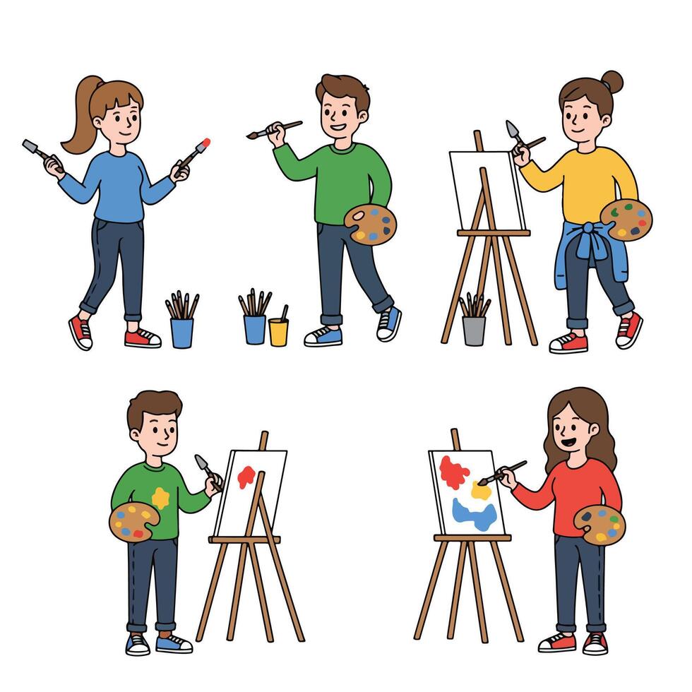 People painting canvas art creative activity vector