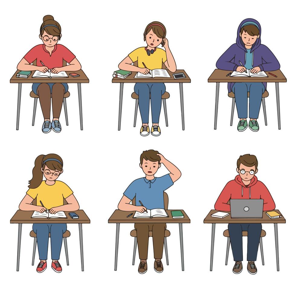 Students studying in classroom education scene vector