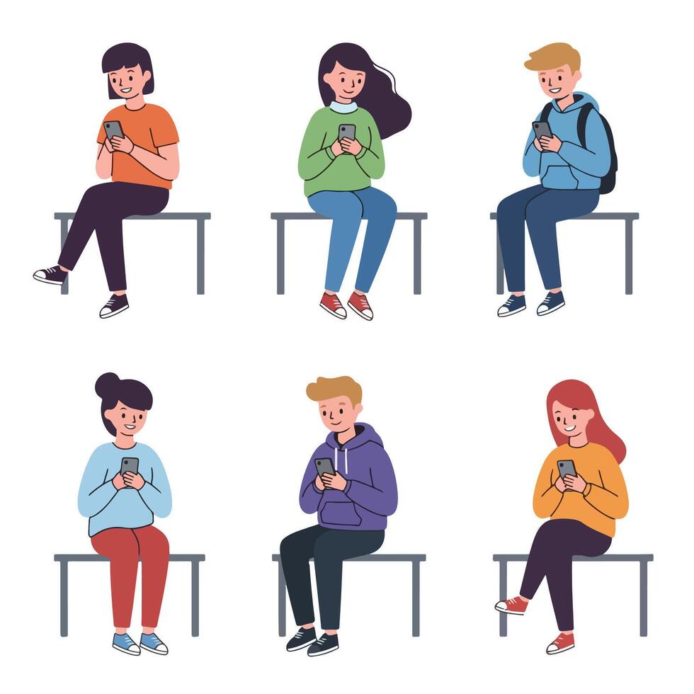 People sitting with phones on a bench vector