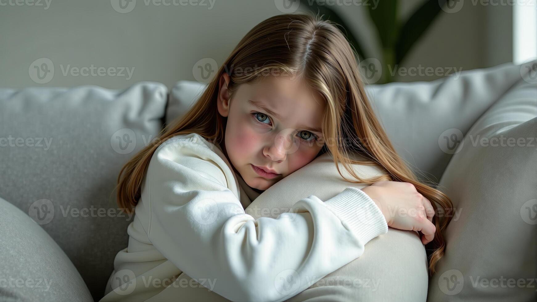 Sad Girl Hugging Pillow On Couch photo