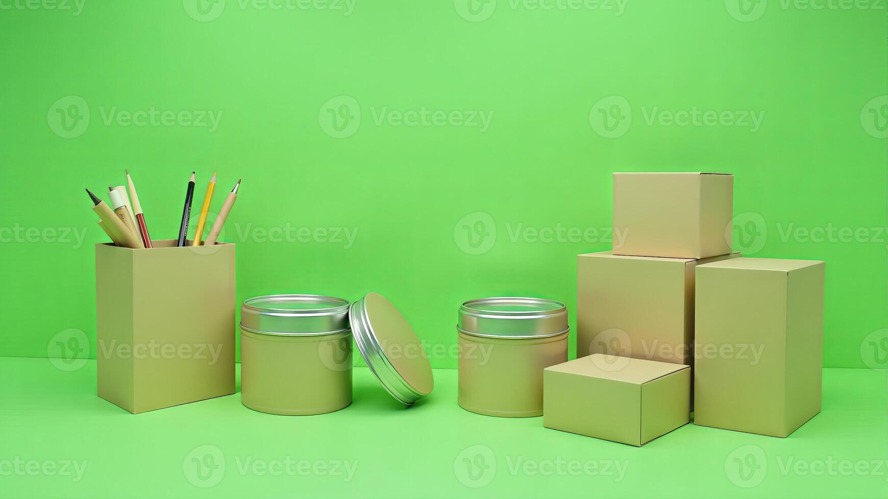 Craft Materials Still Life Against Green Background photo