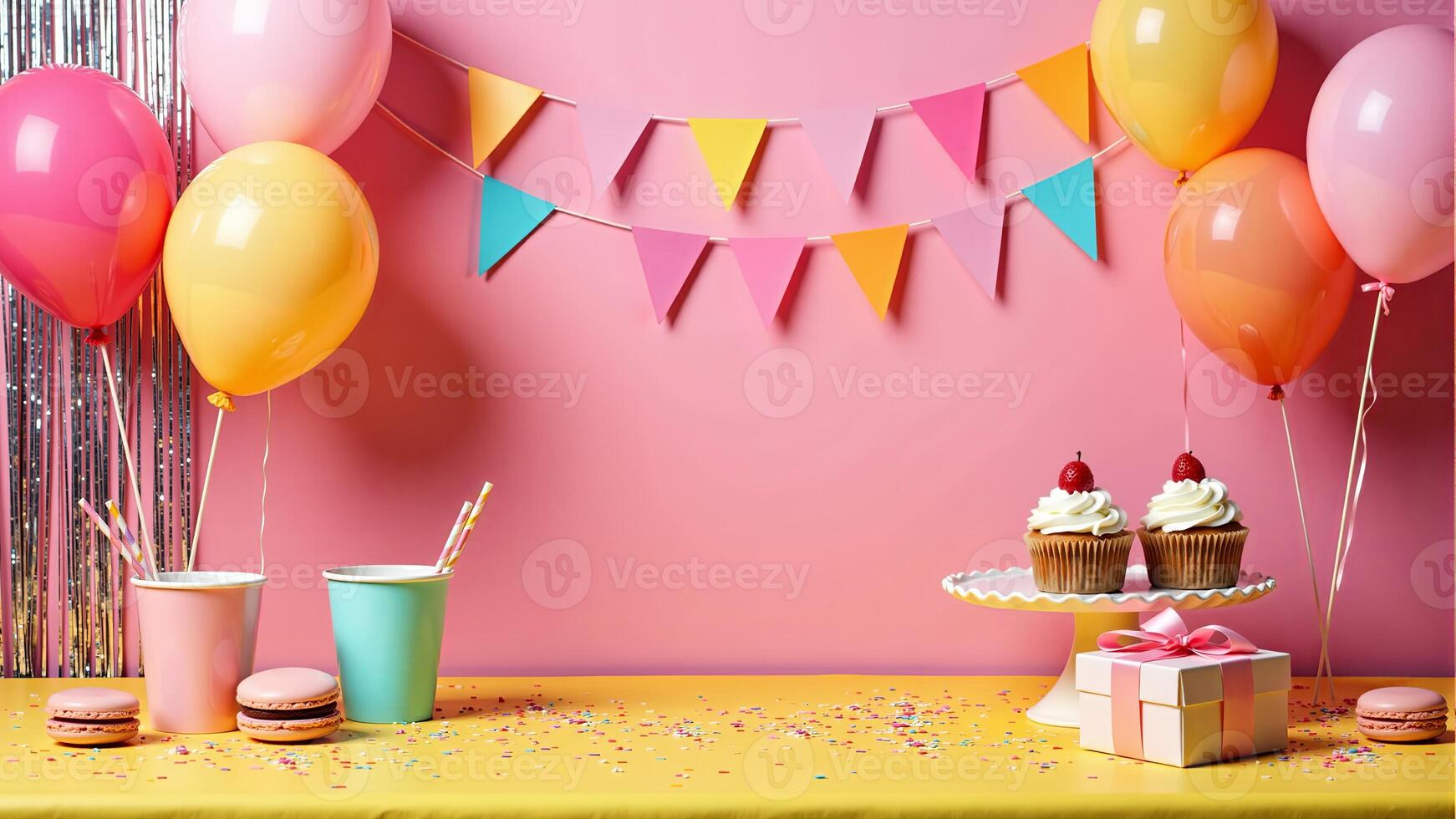 Birthday Party Setup With Balloons And Cupcakes photo