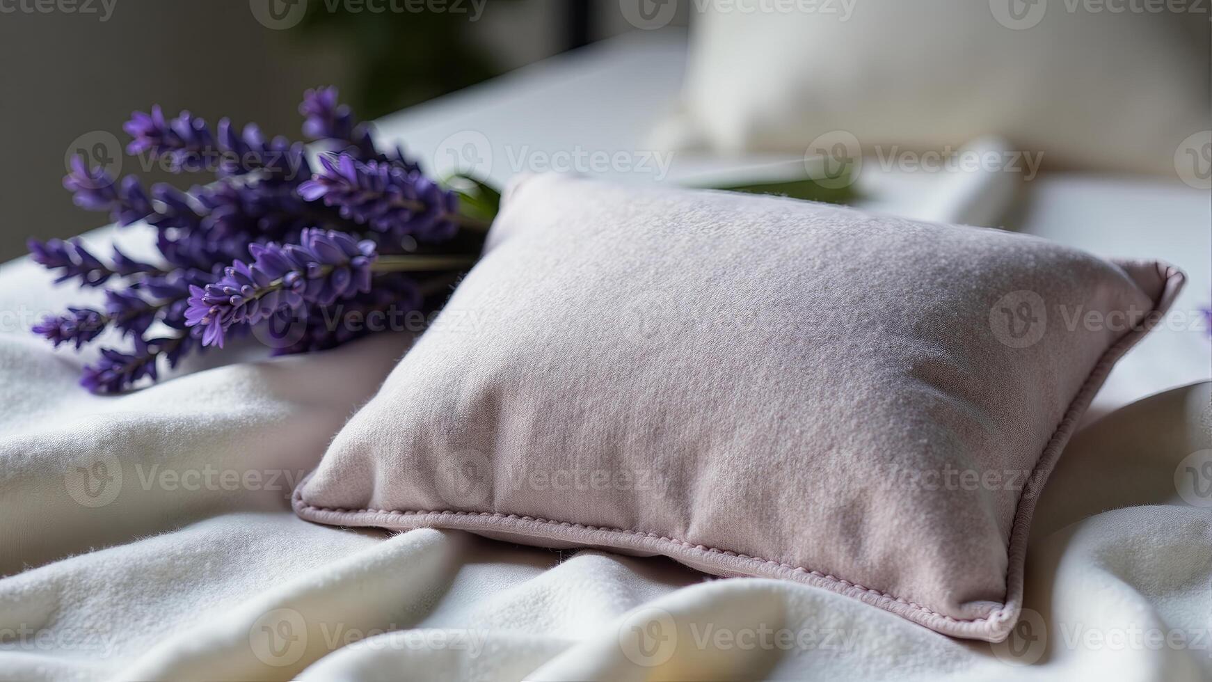 Lavender Pillow And Lavender Stems On Blanket photo