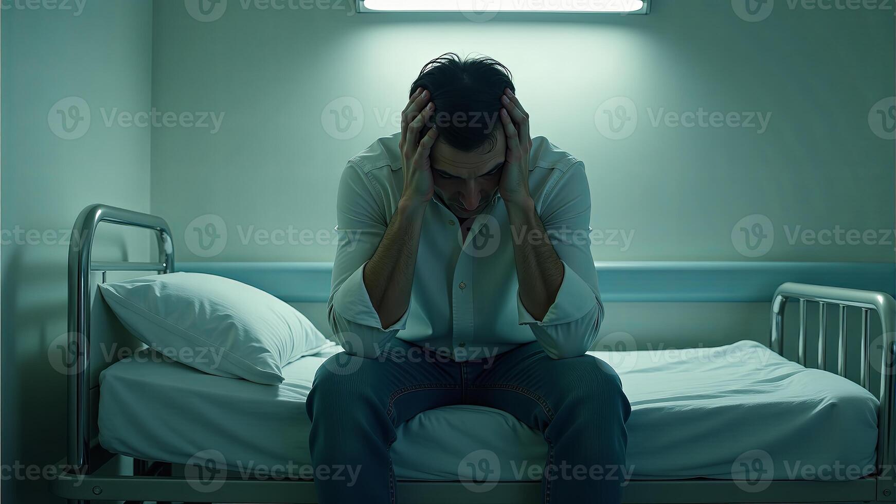 Depressed Man Sitting On Hospital Bed photo