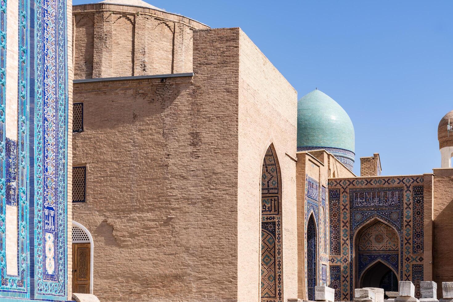 Samarkand, Uzbekistan- august 13, 2023-Particular of Shakhi Zinda necropolis, a famous mausoleum complex in Samarkand. photo