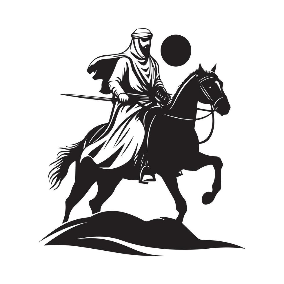 A Muslim warrior in a black hooded robe fluttering on a black desert horse vector