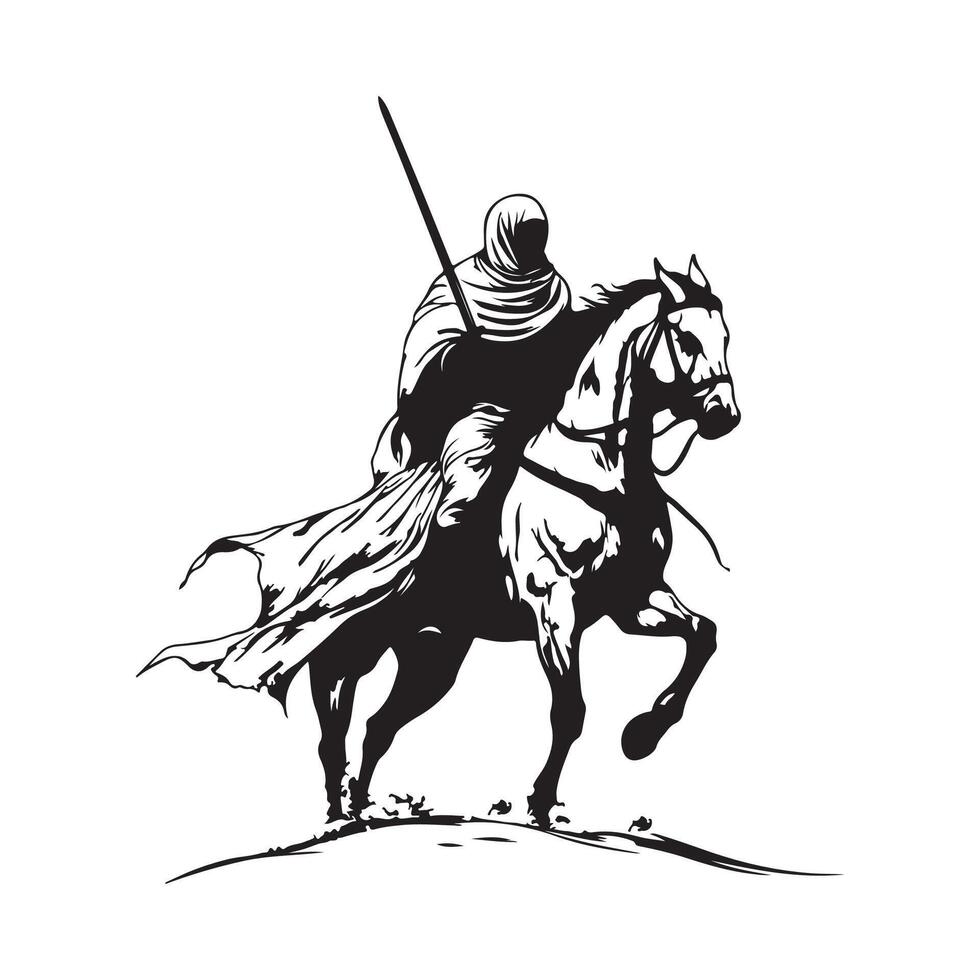 Majestic Middle-Eastern Warrior on Horseback in the Desert vector