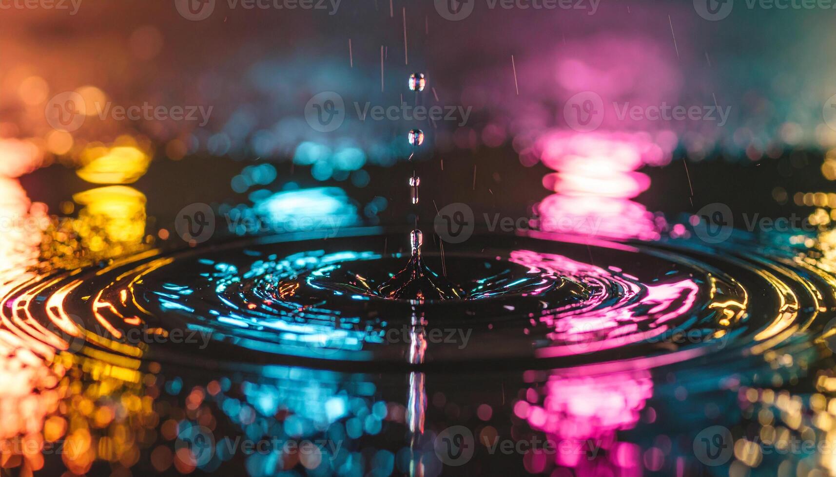 Raindrops on a black background with colorful lights photo