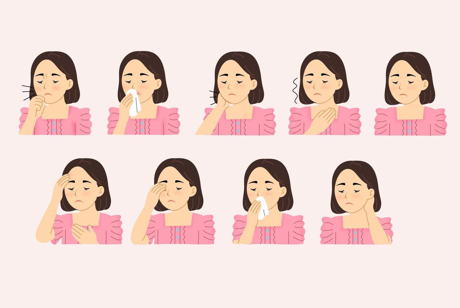 Woman Experiencing Various Cold and Flu Symptoms vector