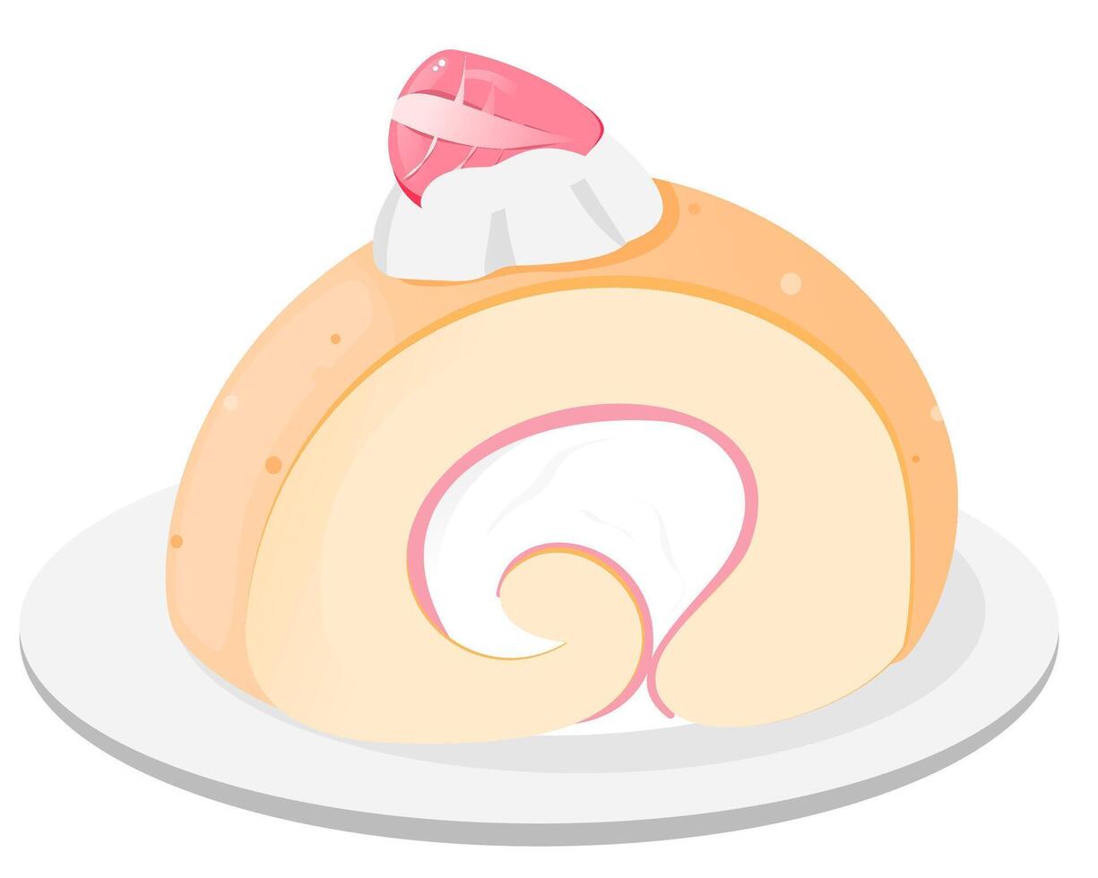 A slice of cake roll with strawberry on it vector