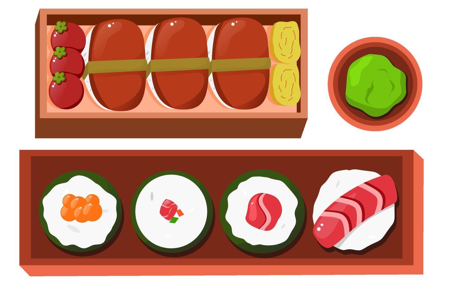 Sushi, washabi, ham, egg roll. Japhense food theme. vector