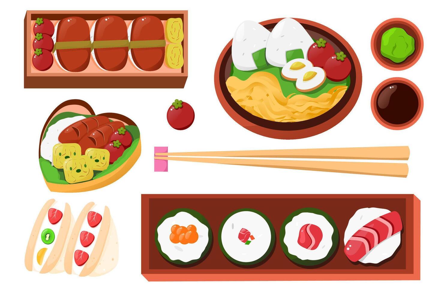 Set of japhenese food. Sushi, joy, salmon, bento, onigiri, chopstick. vector