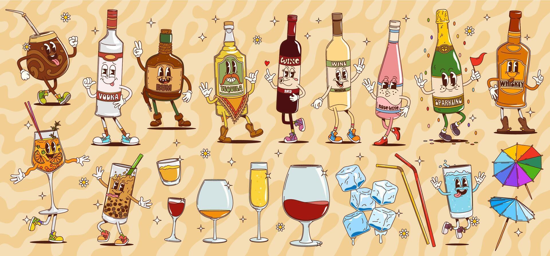 Cartoon groovy alcohol drink, beverage characters vector