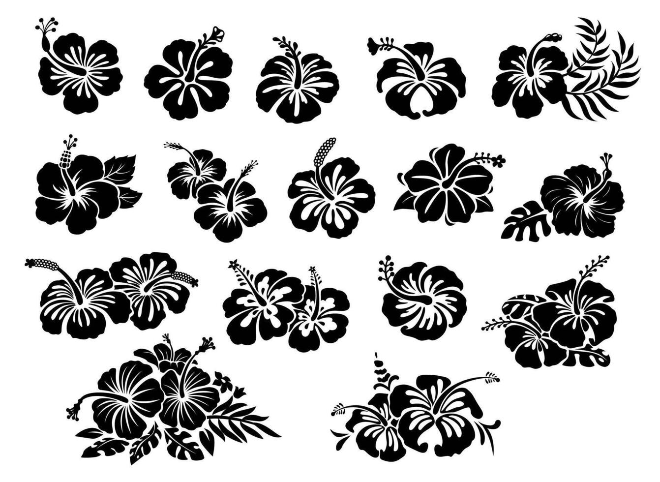 Hawaii tropical hibiscus flowers black stencil set vector