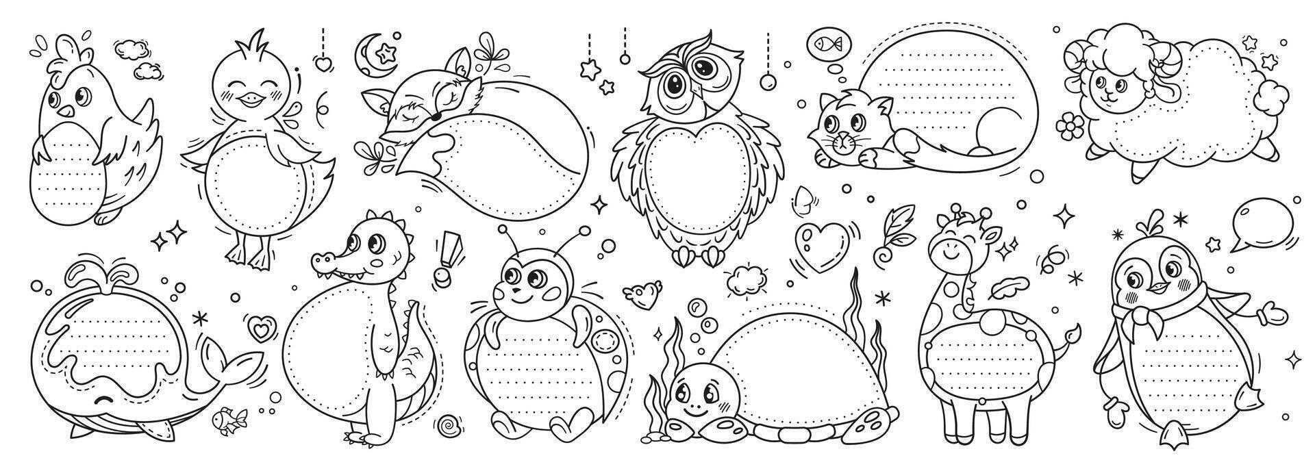 Cute kawaii animal paper note frames, memo notice vector