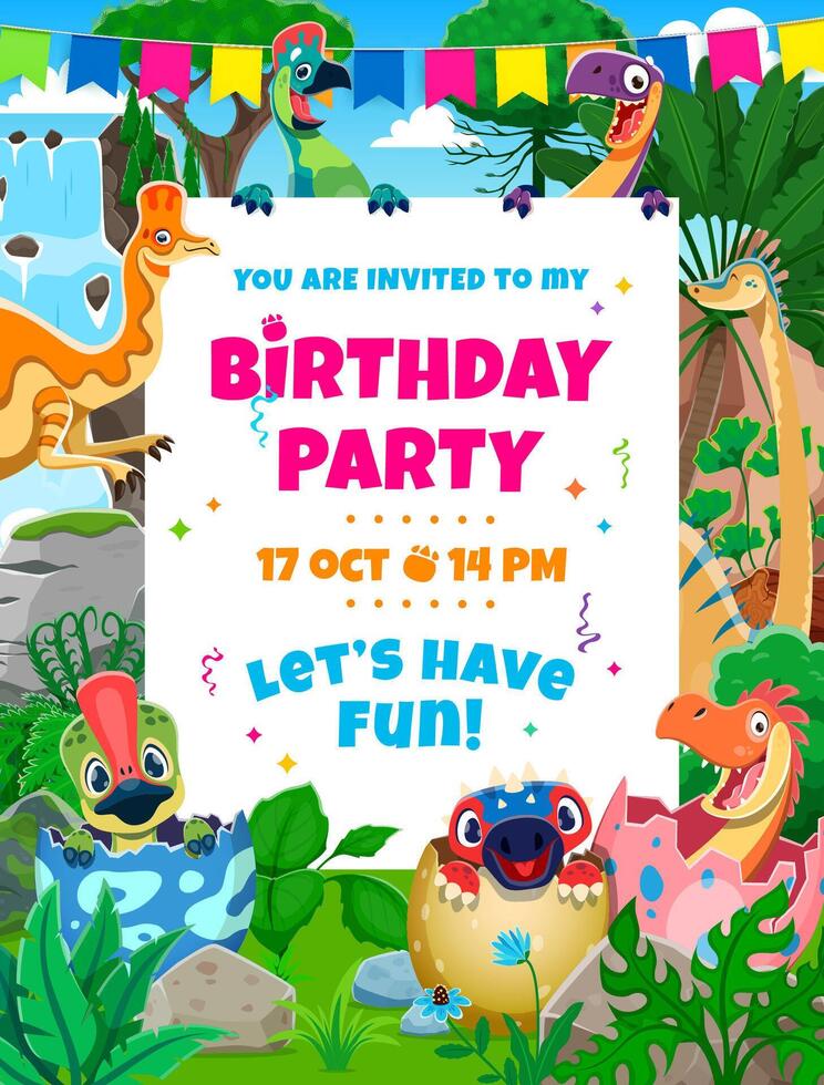 Kids birthday party flyer with dinosaurs vector