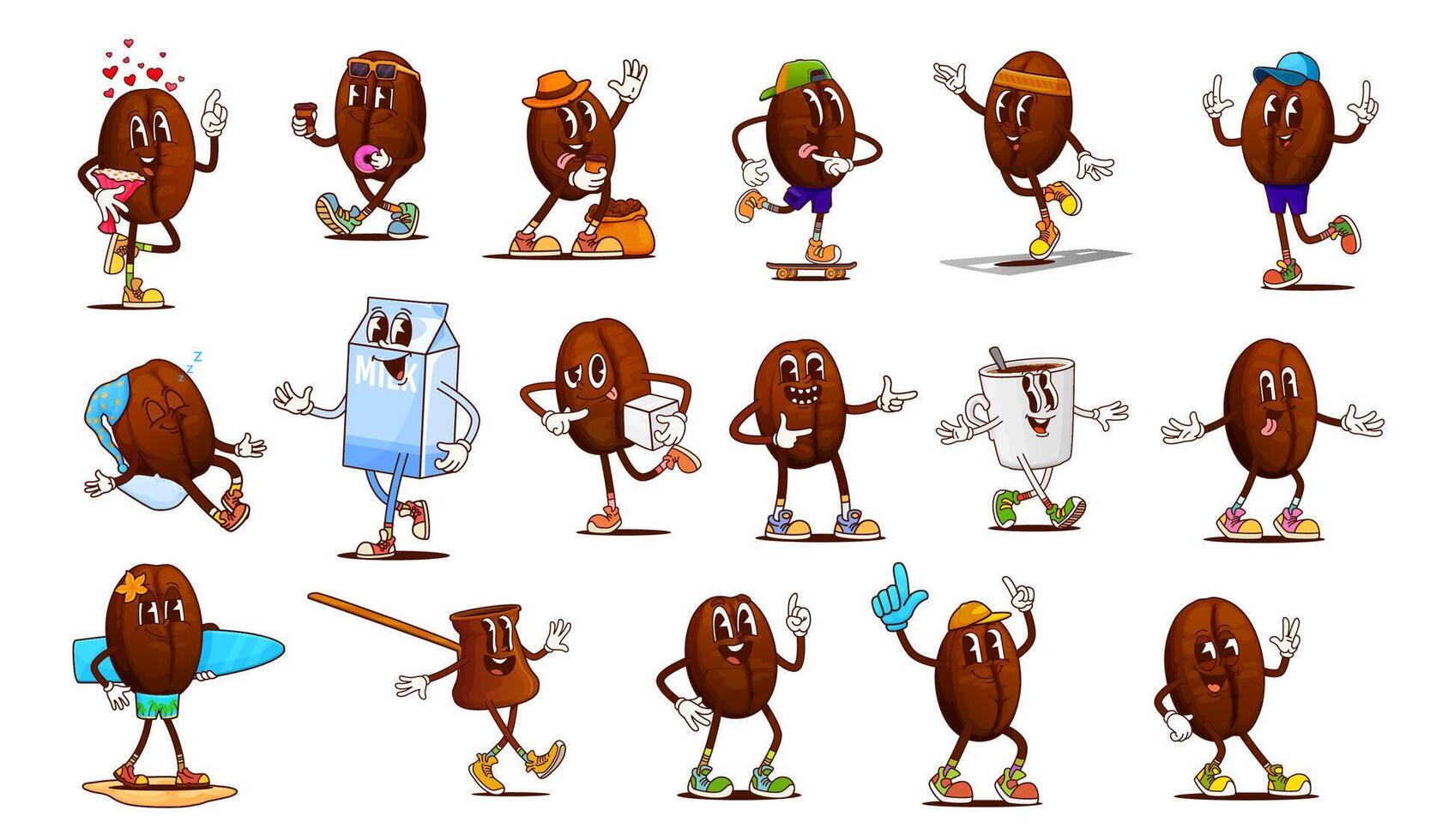Cartoon groovy coffee bean, cup, milk characters vector