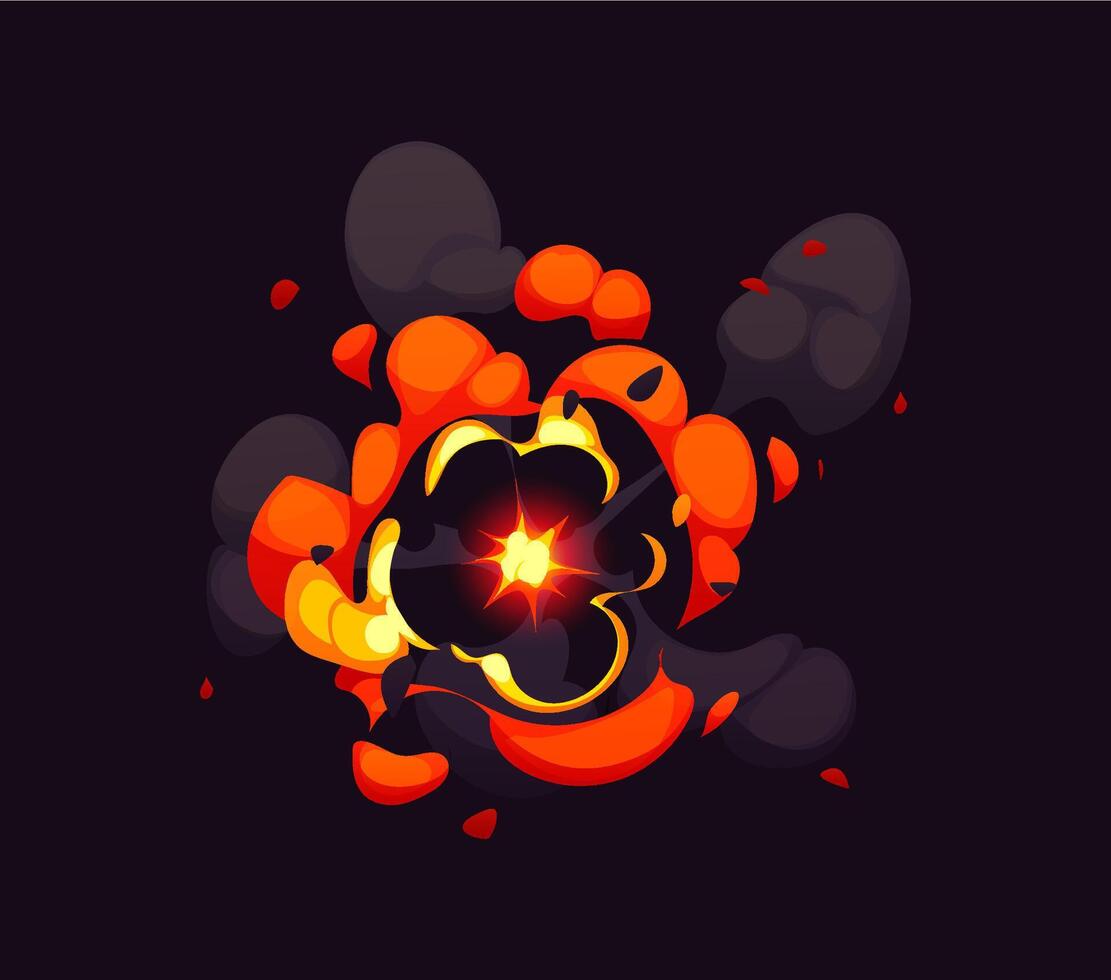 Cartoon bomb explosion, blast effect, comic fire vector