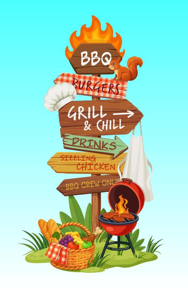 BBQ barbeque wooden signboard, directional sign vector