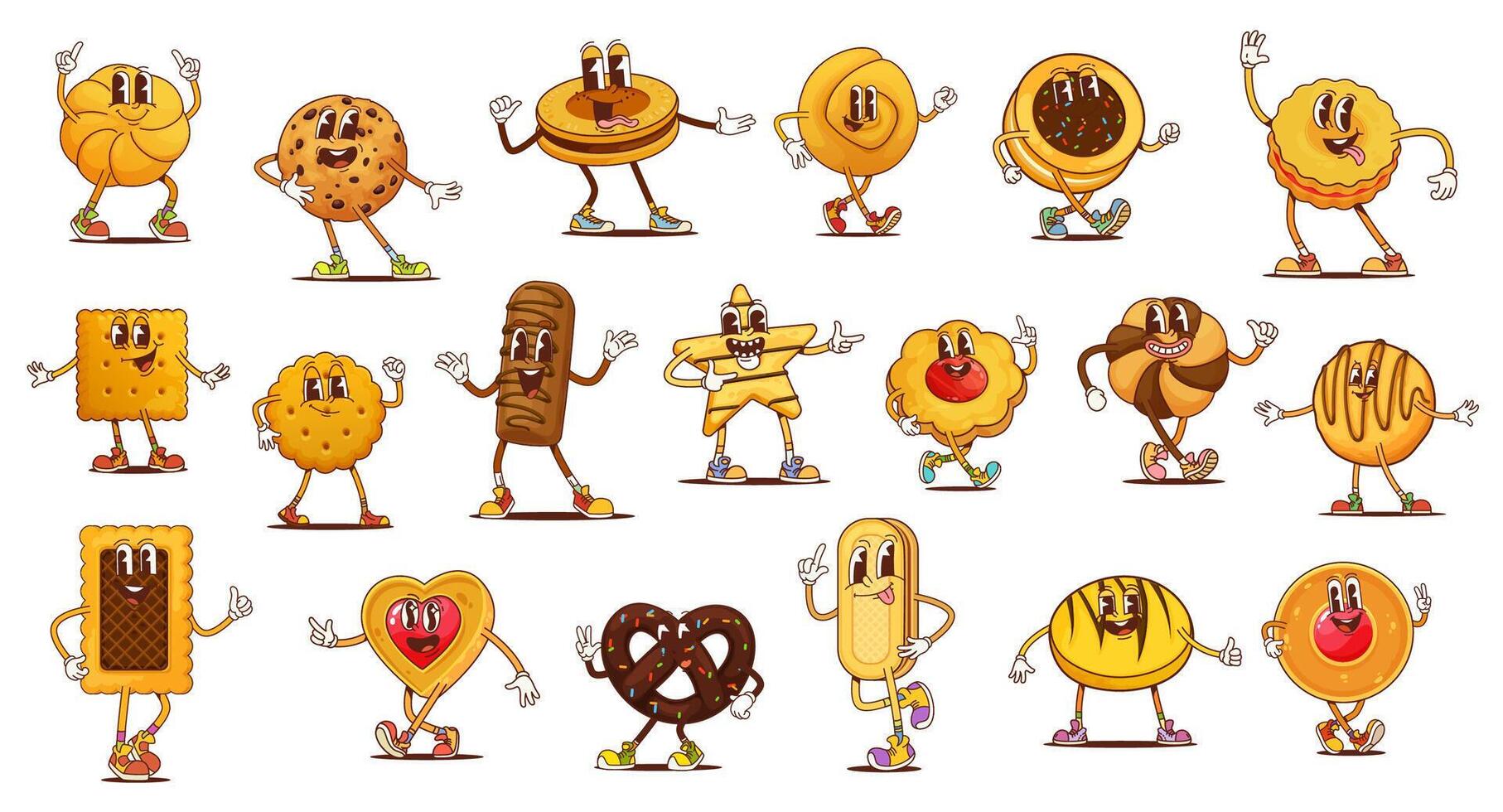 Funny groovy cookie and bakery food characters vector