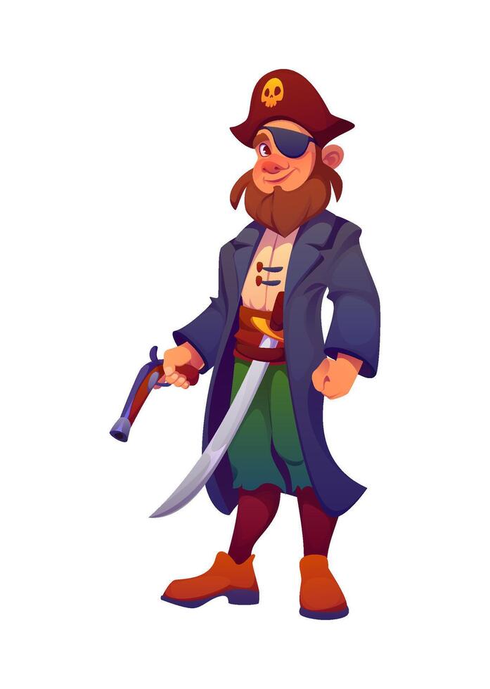 Cartoon pirate character with beard and eye patch, vector