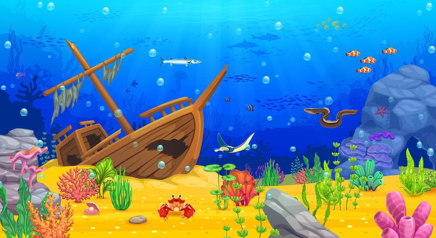 Underwater game landscape with sunken pirate ship vector