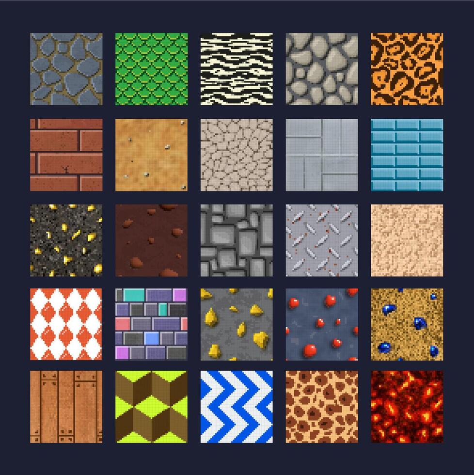 8 bit pixel art game tiles, seamless patterns set vector