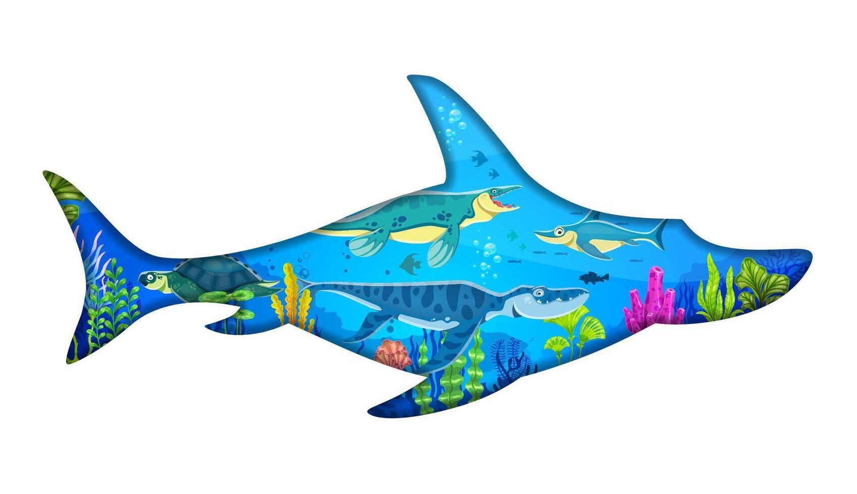 Paper cut underwater dinosaur silhouettes vector