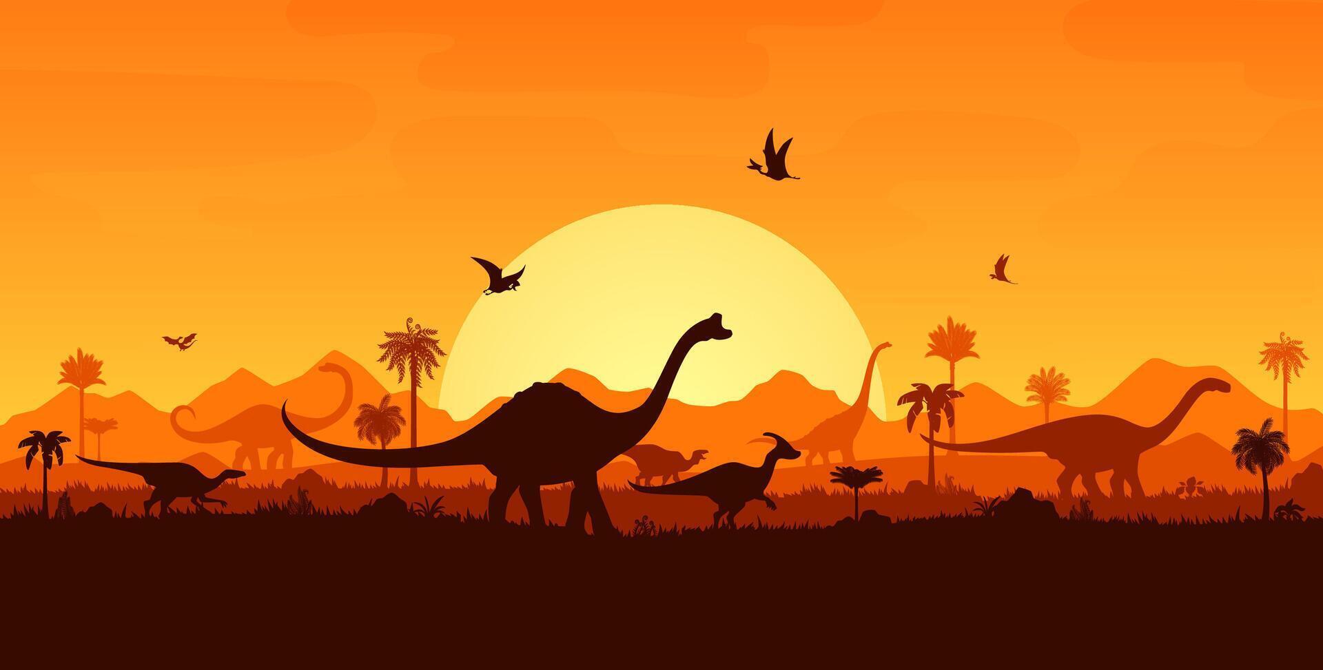 Prehistoric dino silhouettes on sunset landscape vector