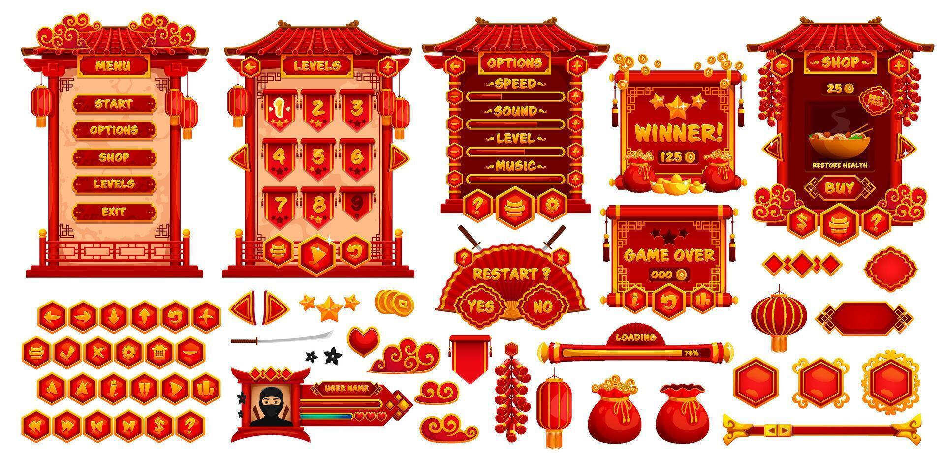 Chinese gui game user buttons and frames asset vector