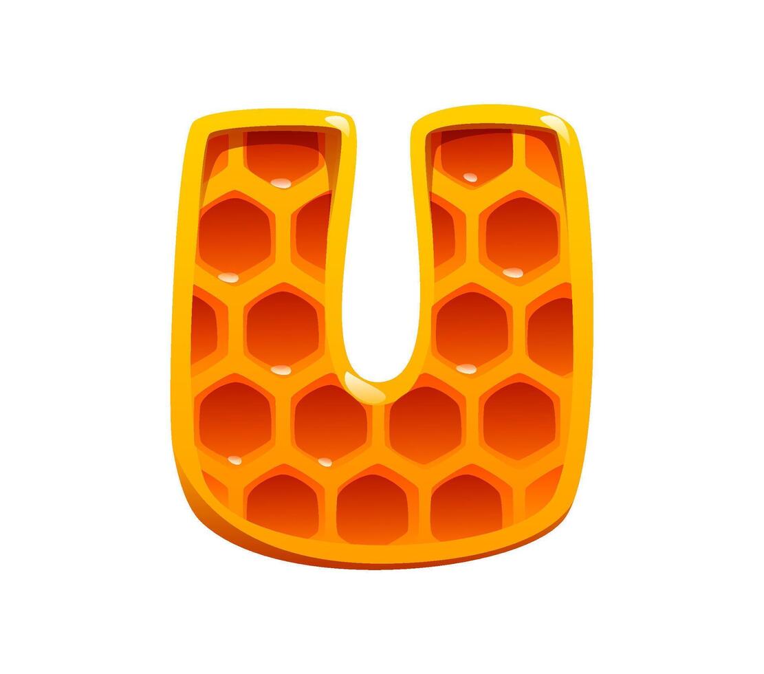 Honey font type, cartoon honeycomb letter U vector
