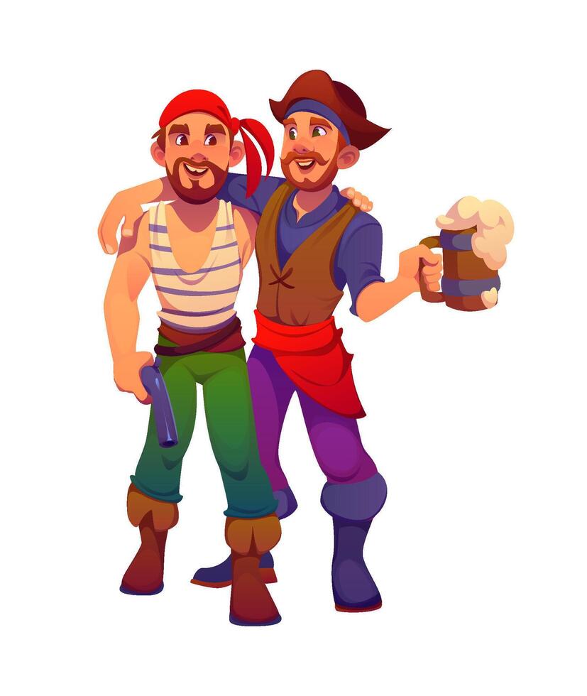 Cartoon pirate corsair characters, captain, sailor vector